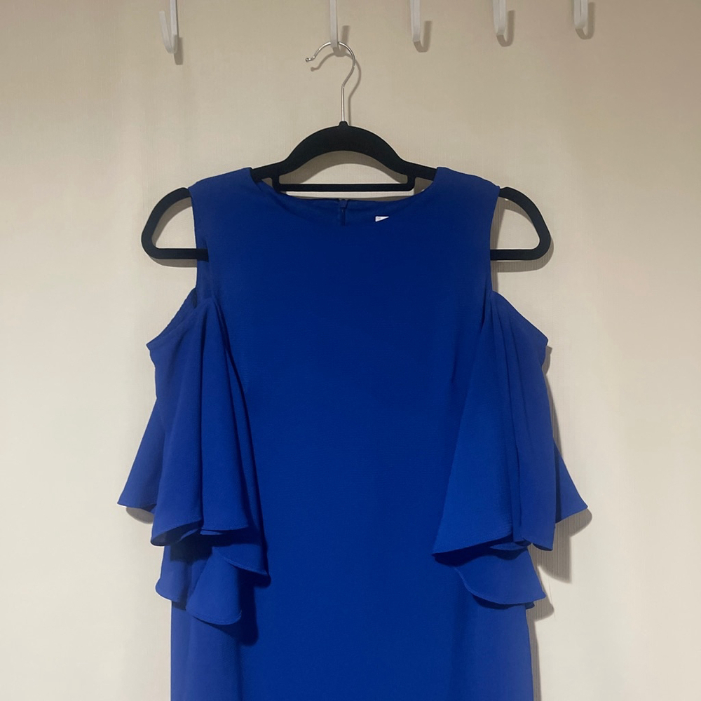 Women's London Times Royal Blue Cold Shoulder Ruffle Mini Dress US 4 - Picture 3 of 9